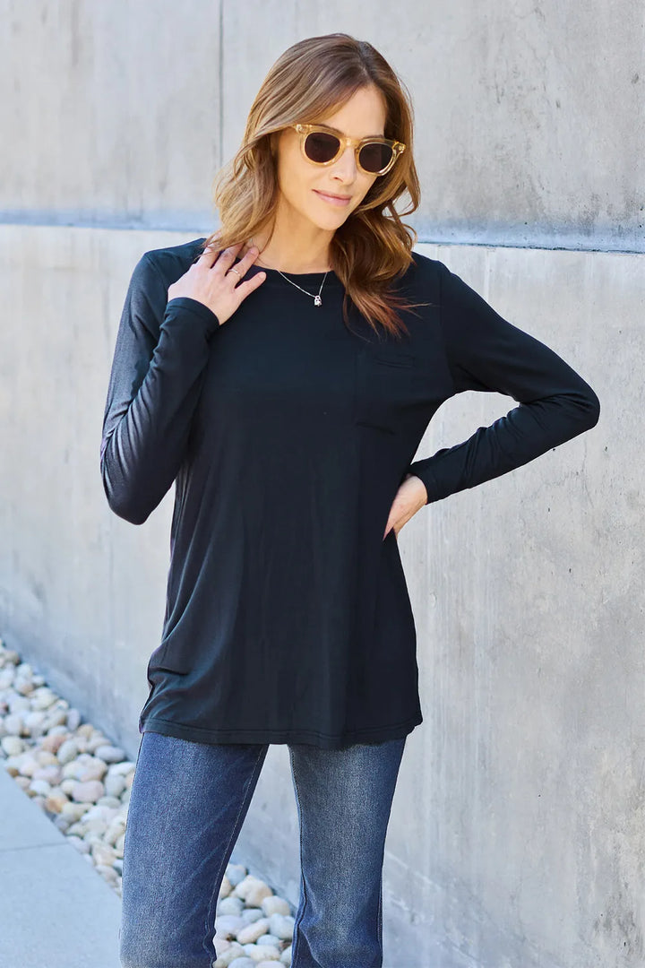 Long sleeve round neck tunic top with chest pocket