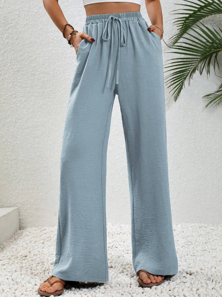 Light Blue High-rise wide leg drawstring pants with pockets