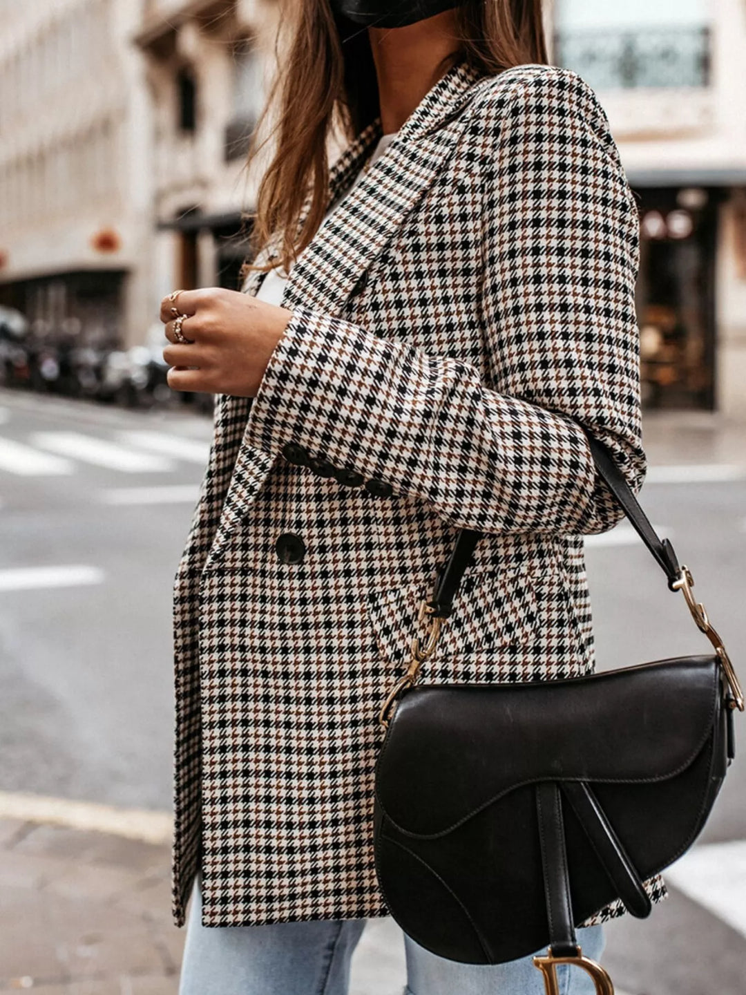 Houndstooth double-breasted blazer with notch lapel