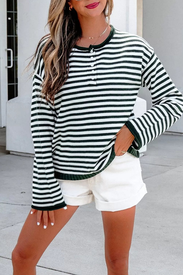 Moss Striped drop shoulder henley sweater with button placket