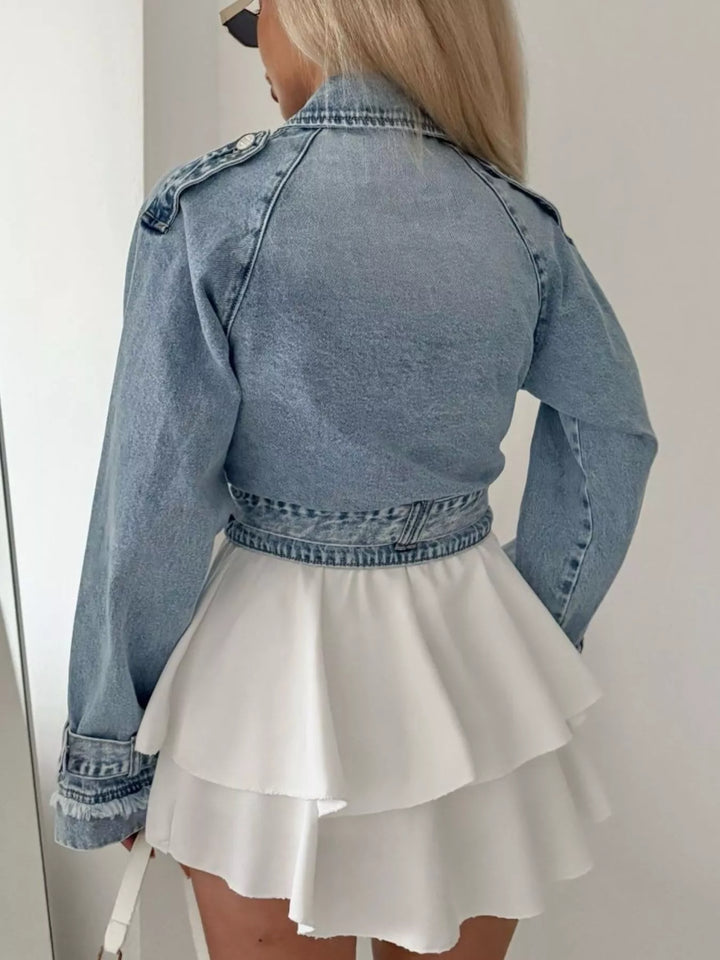 Cropped double-breasted denim jacket with belted cuffs
