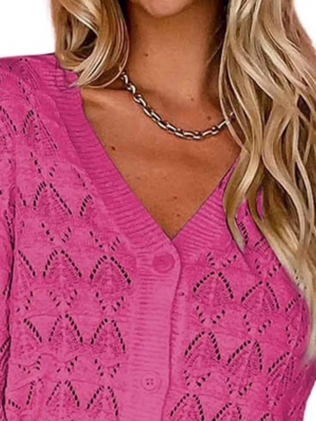 Pointelle openwork V-neck button-down knit cardigan