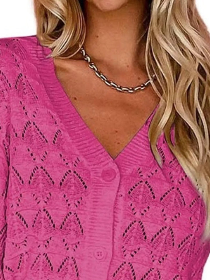 Pointelle openwork V-neck button-down knit cardigan