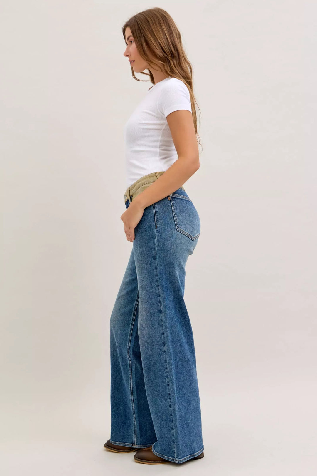 Mid-rise straight leg jeans with corduroy waistband