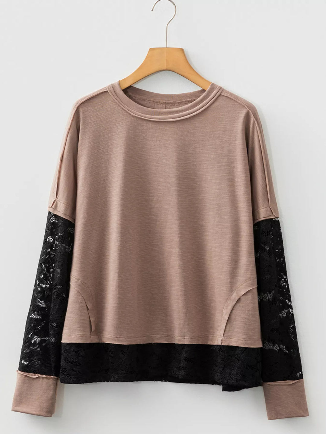 Lace-panel long sleeve tee with exposed seams