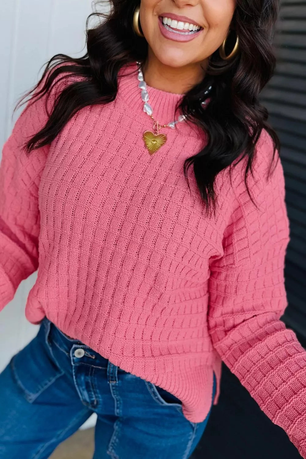 Textured grid knit drop shoulder crew neck sweater