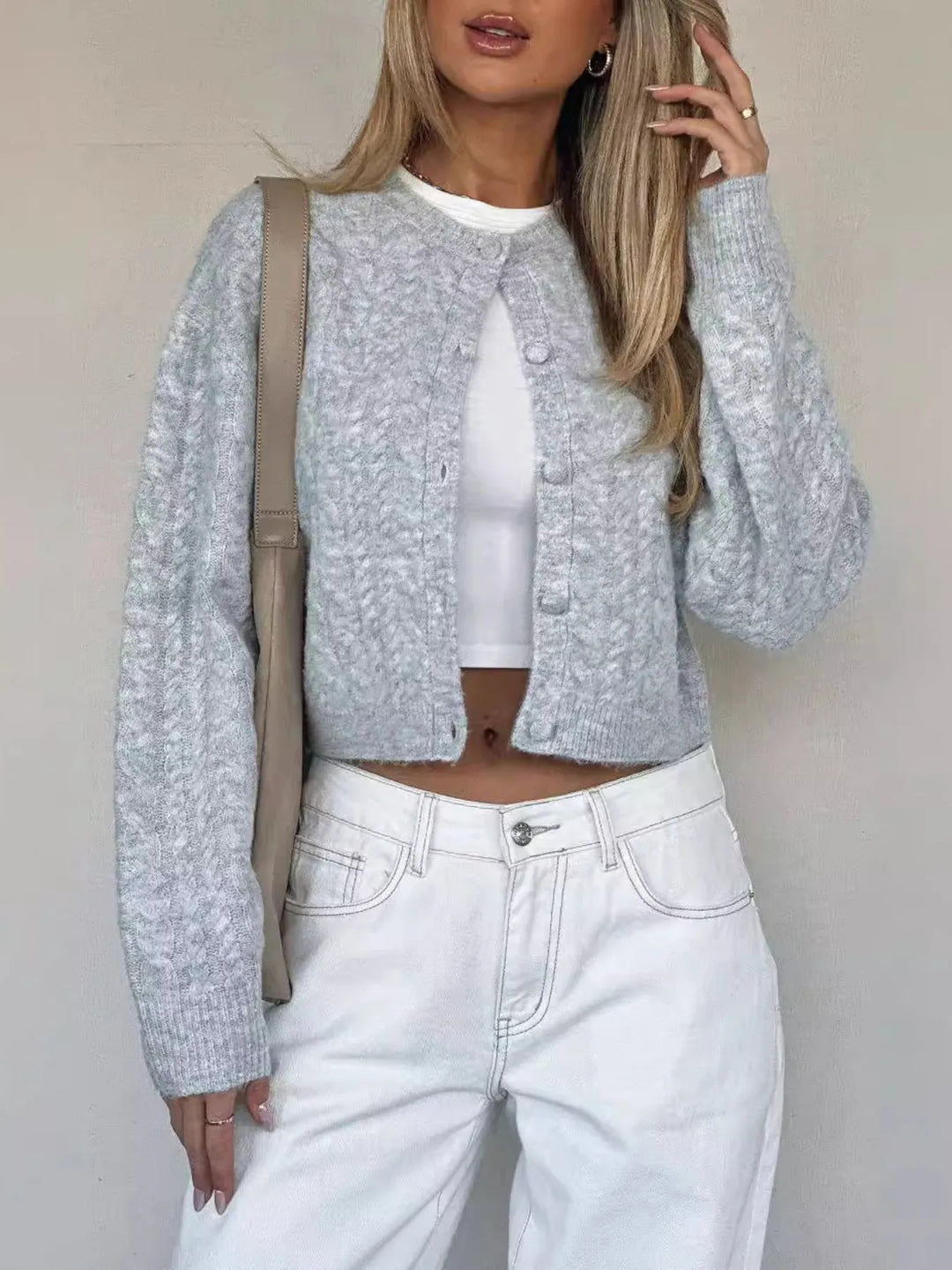 Gray Cropped cable knit button-up cardigan with ribbed cuffs