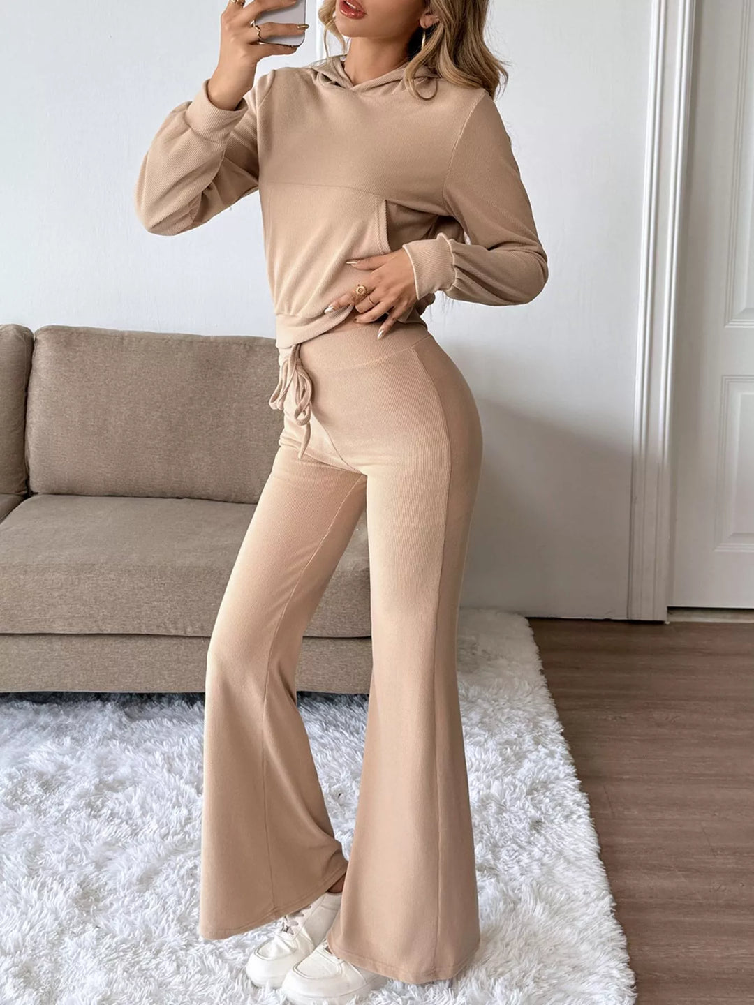 Ribbed knit hoodie and wide-leg pants two-piece set