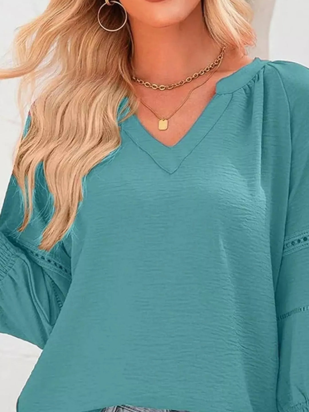 Openwork lace trim blouse with smocked cuffs and split neck