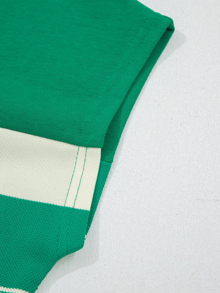 Mixed-width stripe crew neck cap sleeve top