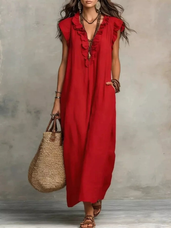 Red Ruffled v-neck cap sleeve maxi dress with side pockets