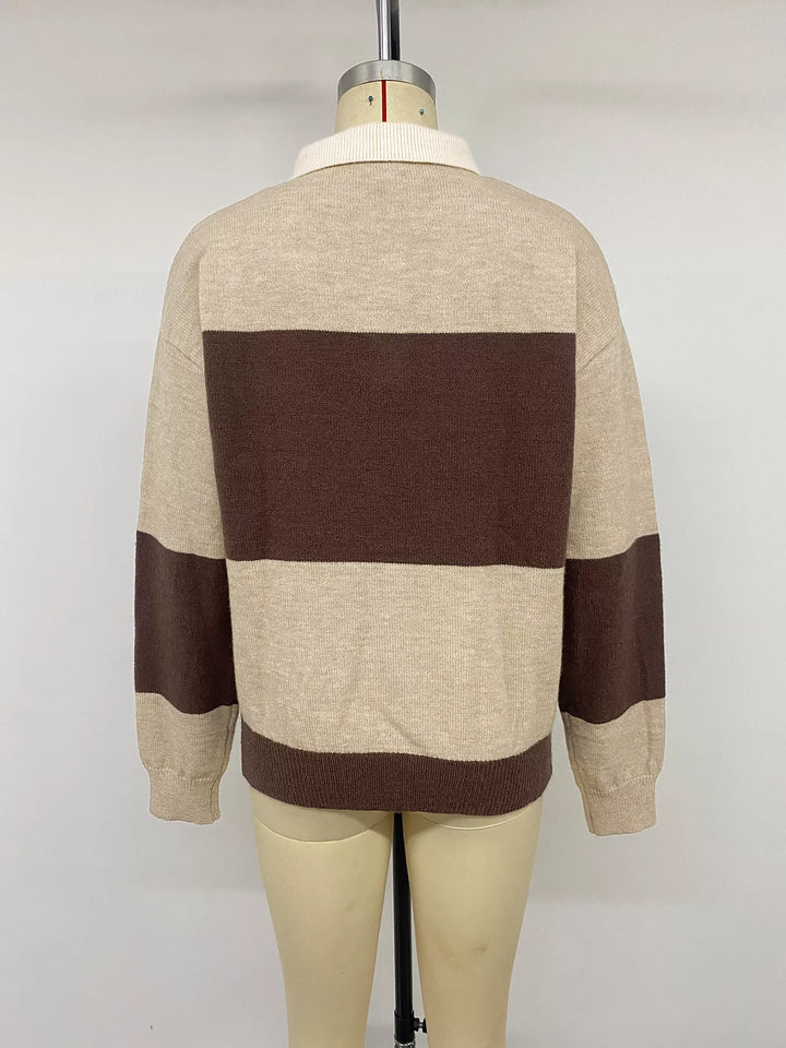 Color block polo collar sweater with button placket