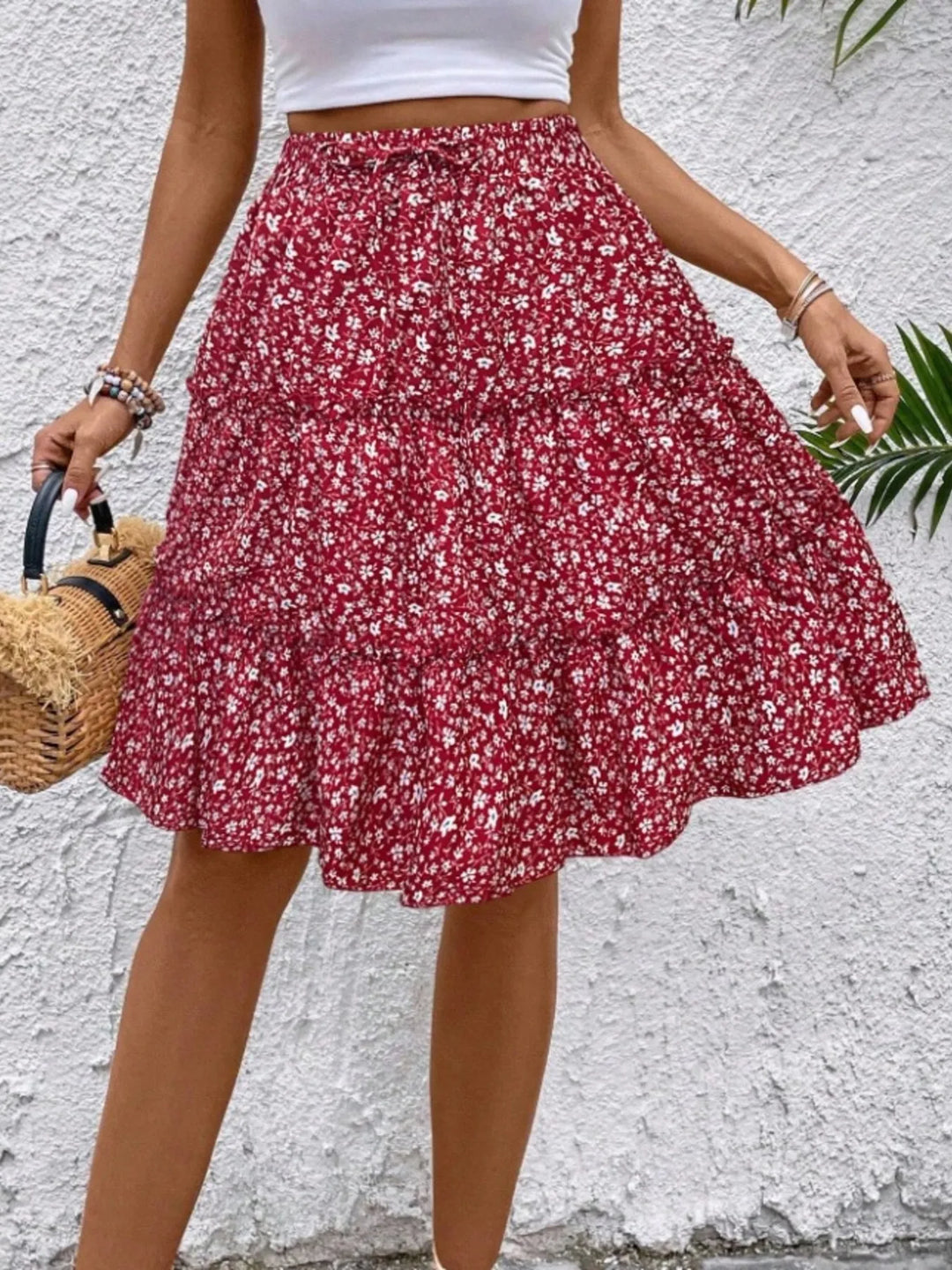 Floral print tiered ruffle mini skirt