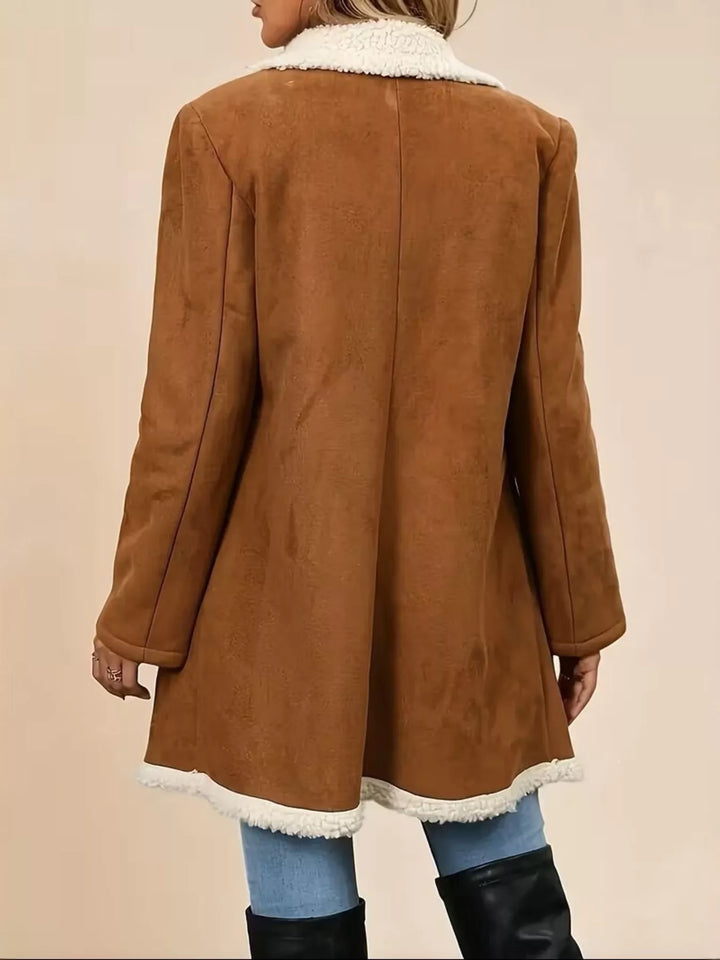Double-breasted faux suede coat with sherpa trim