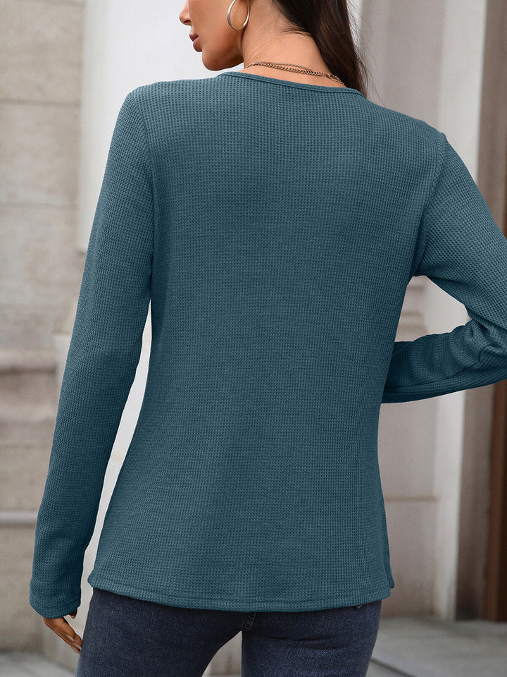 Waffle knit long sleeve henley top with button placket