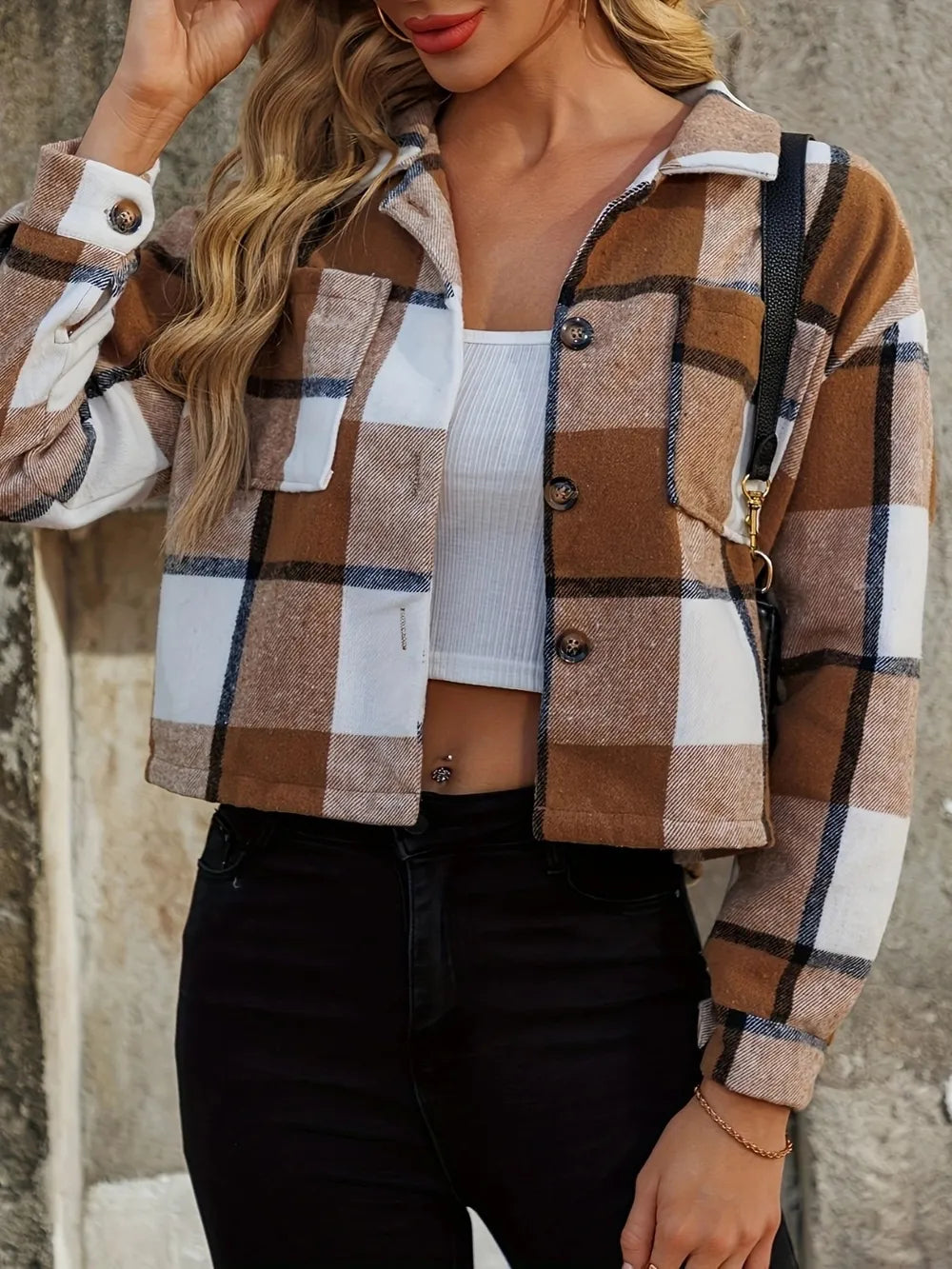 Caramel Plaid cropped shacket with button front and chest pockets