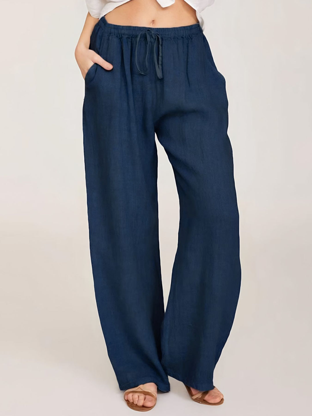 Navy Drawstring wide-leg pull-on pants with side pockets
