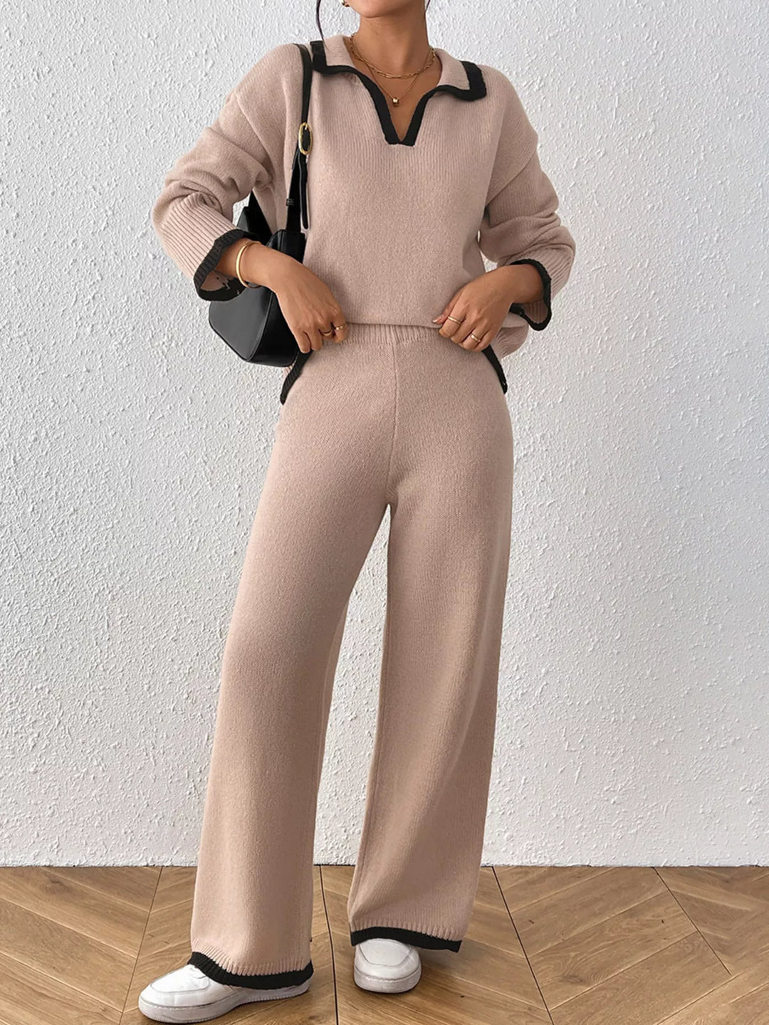 Dust Storm Contrast trim polo collar sweater and wide leg pants set