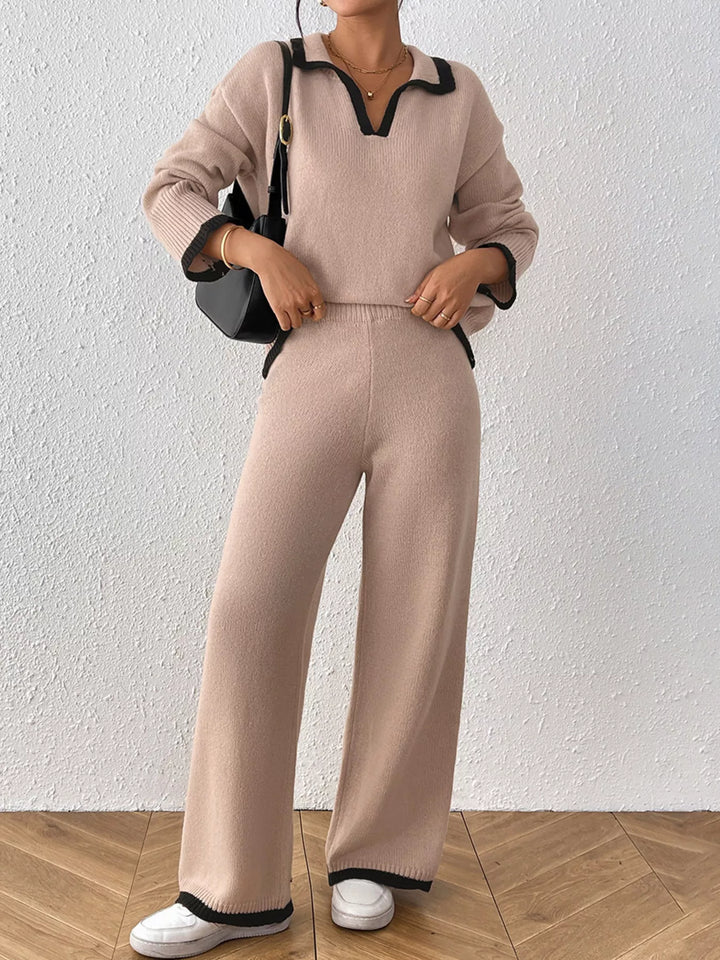 Dust Storm Contrast trim polo collar sweater and wide leg pants set