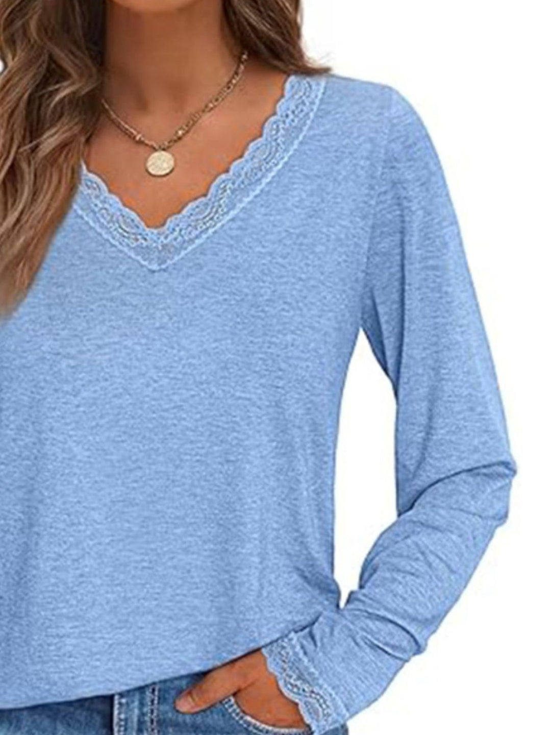 Lace trim V-neck long sleeve top with lace cuffs