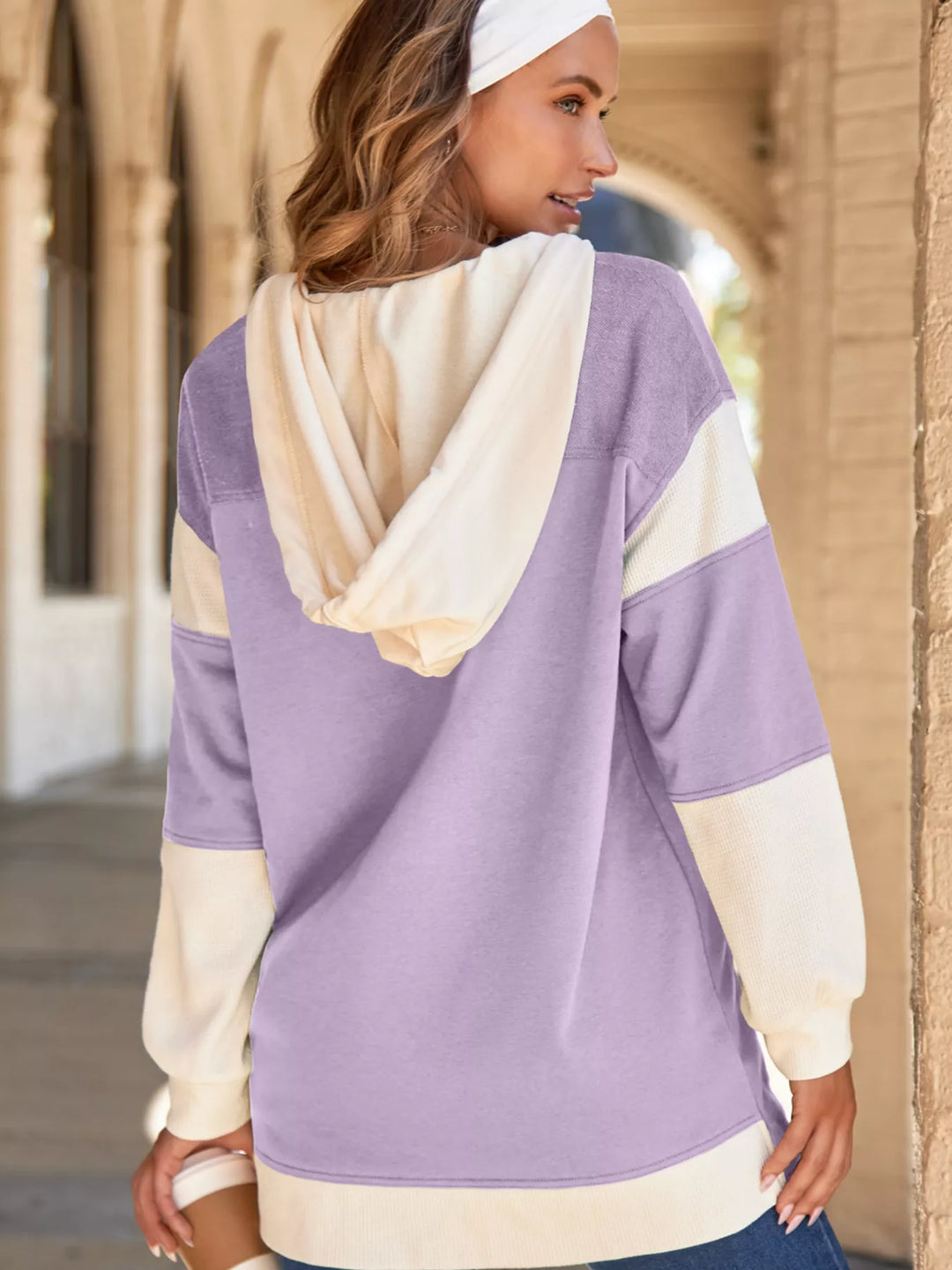 Oversized waffle knit color block button-front hoodie