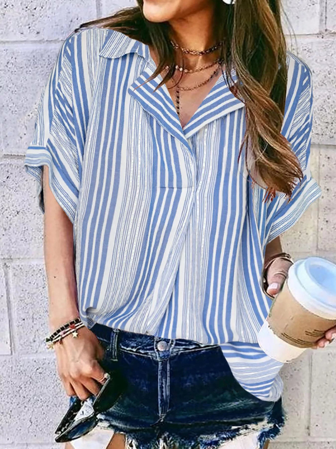 Blue Stripe Collared half-sleeve button-front printed shirt