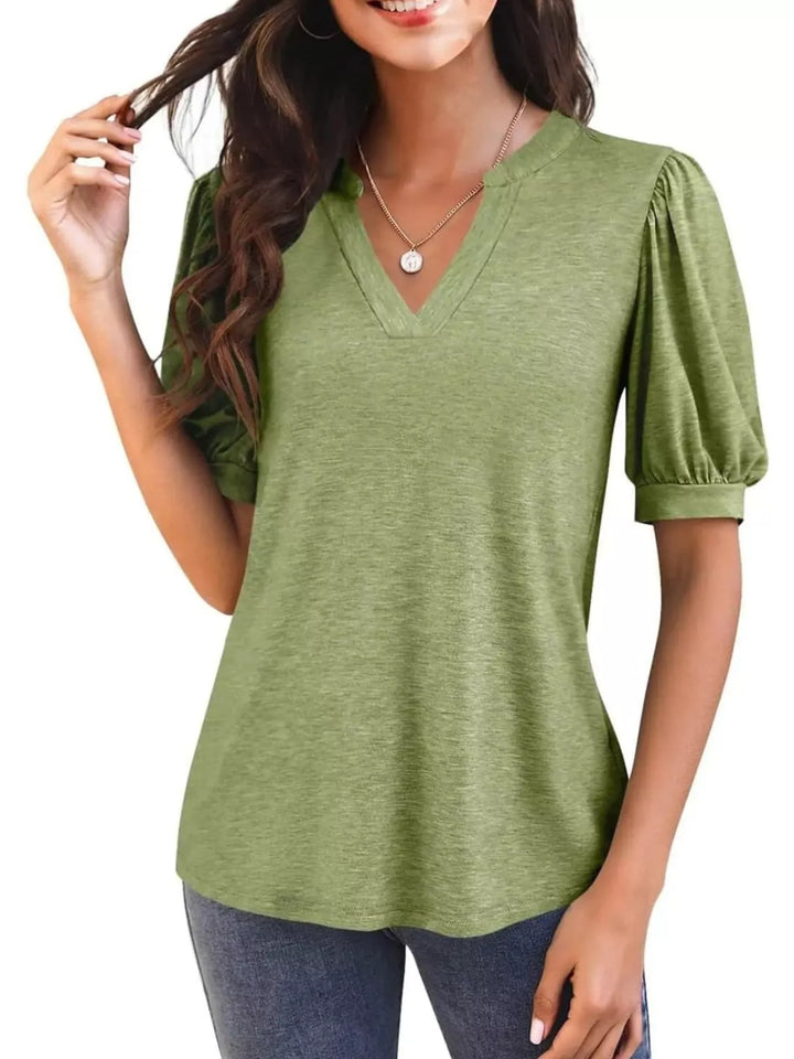 Matcha Green Short puff sleeve notched V-neck casual tee
