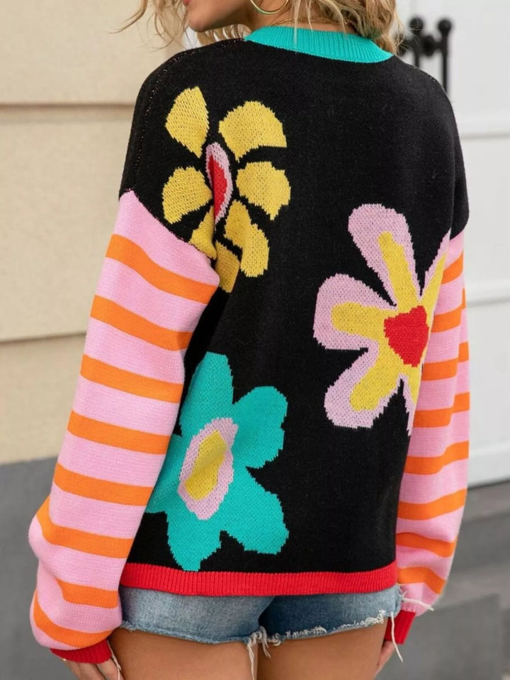Mod floral crew neck sweater with striped sleeves