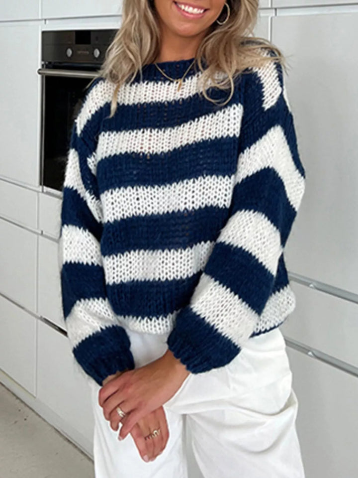 Blue Striped open-knit crew neck sweater with balloon sleeves