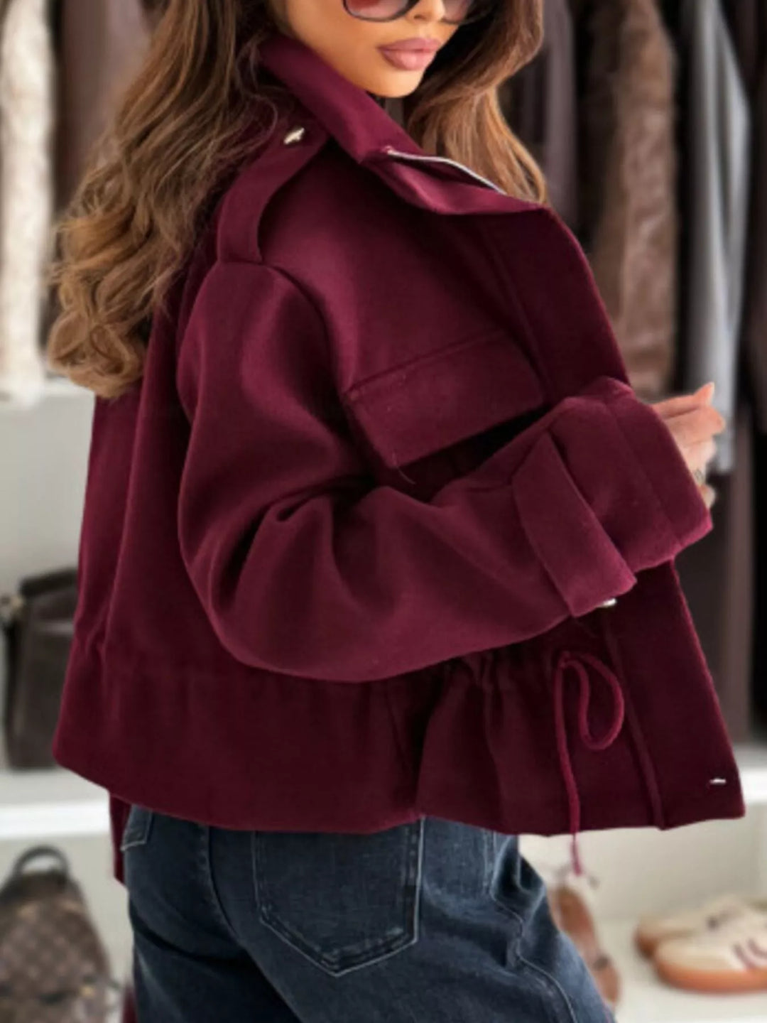 Drawstring waist button-up cropped jacket