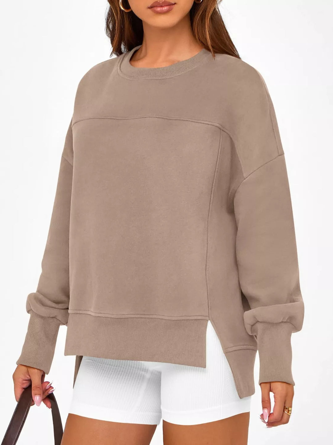 Side slit drop-shoulder relaxed crewneck sweatshirt
