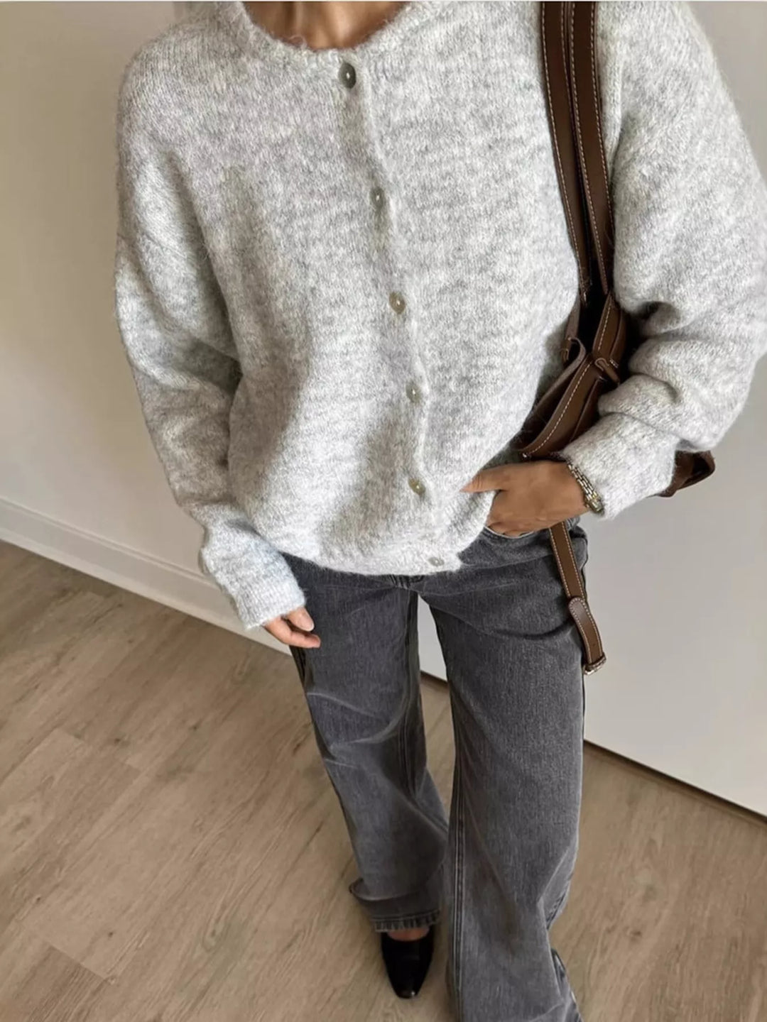 Brushed knit button-up cardigan with ribbed crew neck