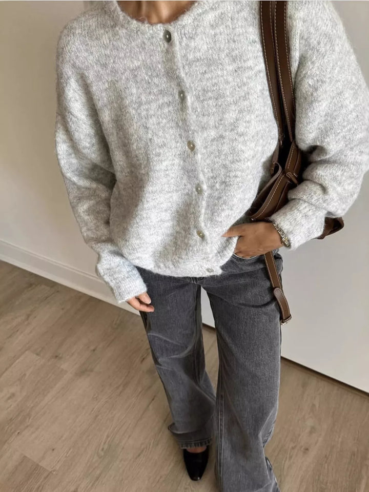 Brushed knit button-up cardigan with ribbed crew neck