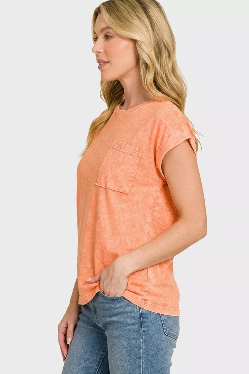Mineral washed cuffed short sleeve pocket tee