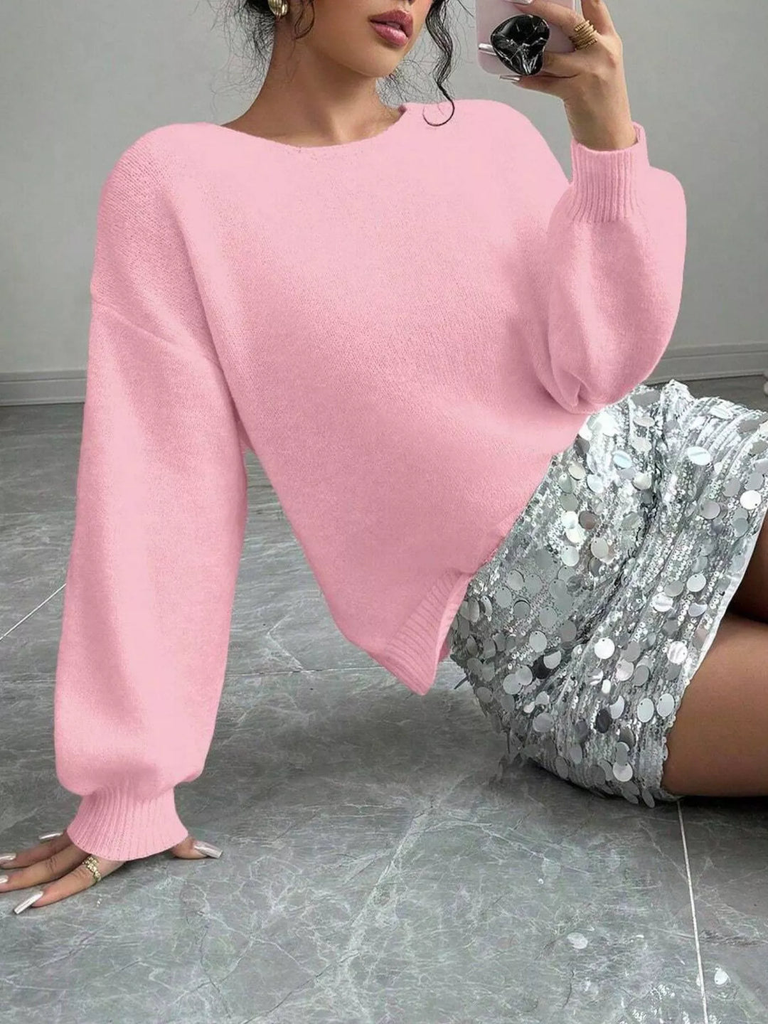 Sequin bow-tie dropped shoulder fuzzy knit cardigan