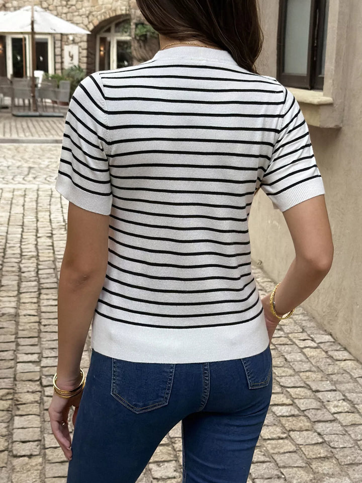 Striped short sleeve knit top with ribbed crew neck