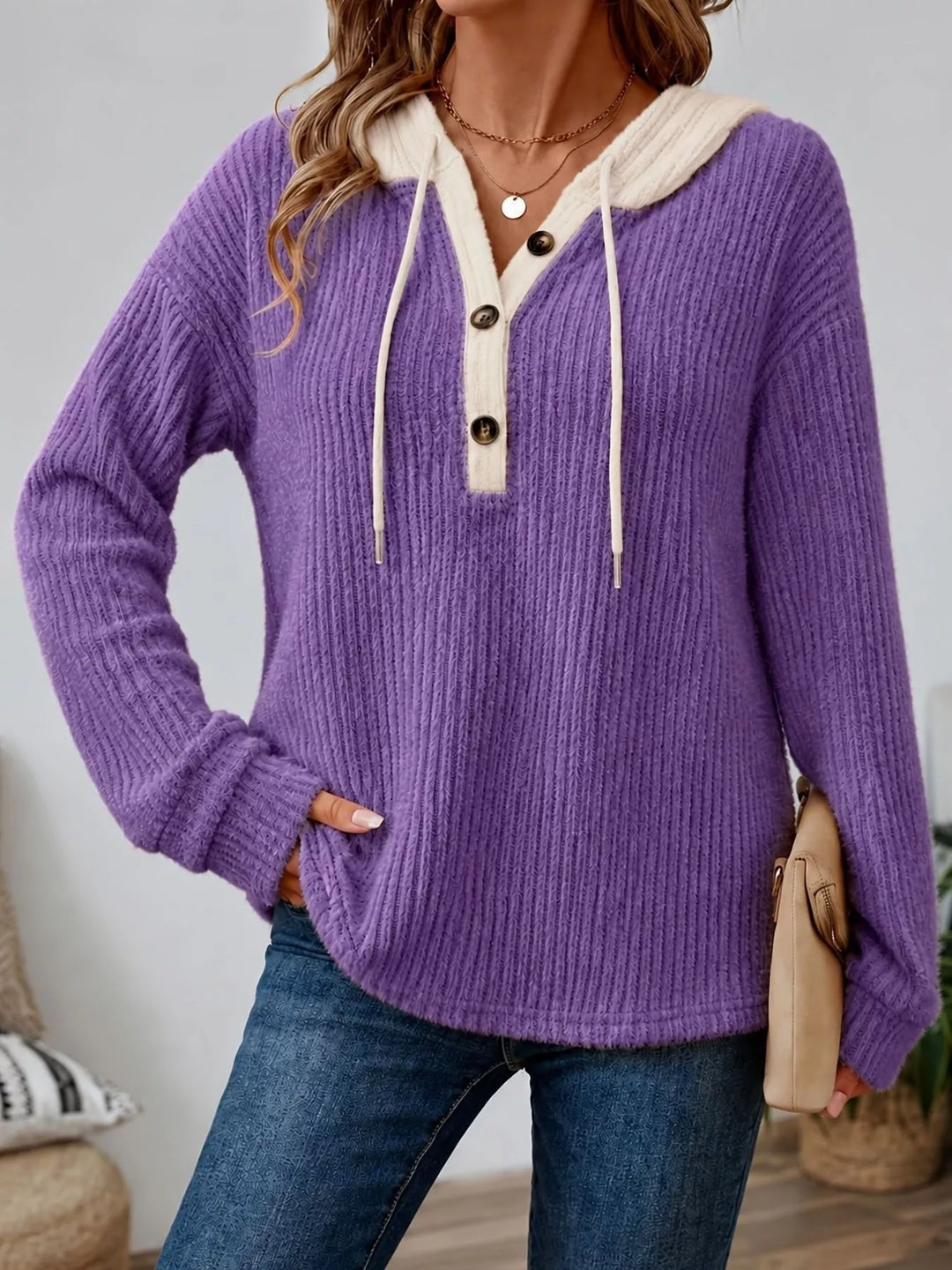 Purple Ribbed knit drawstring hoodie with button henley placket