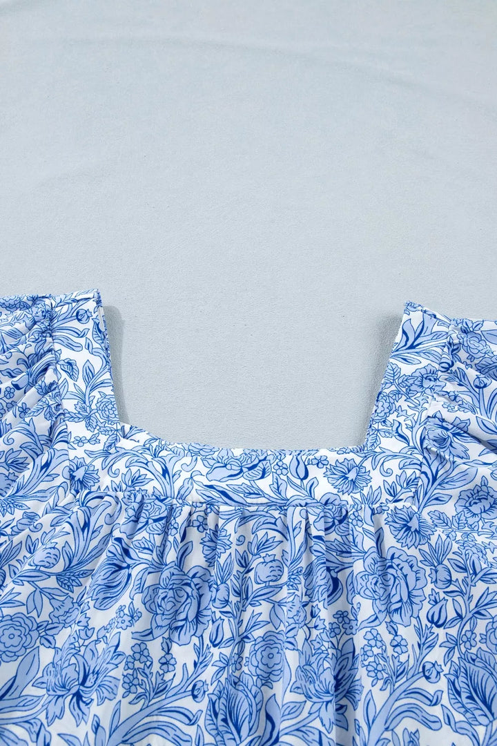 Square neck floral print puff sleeve blouse