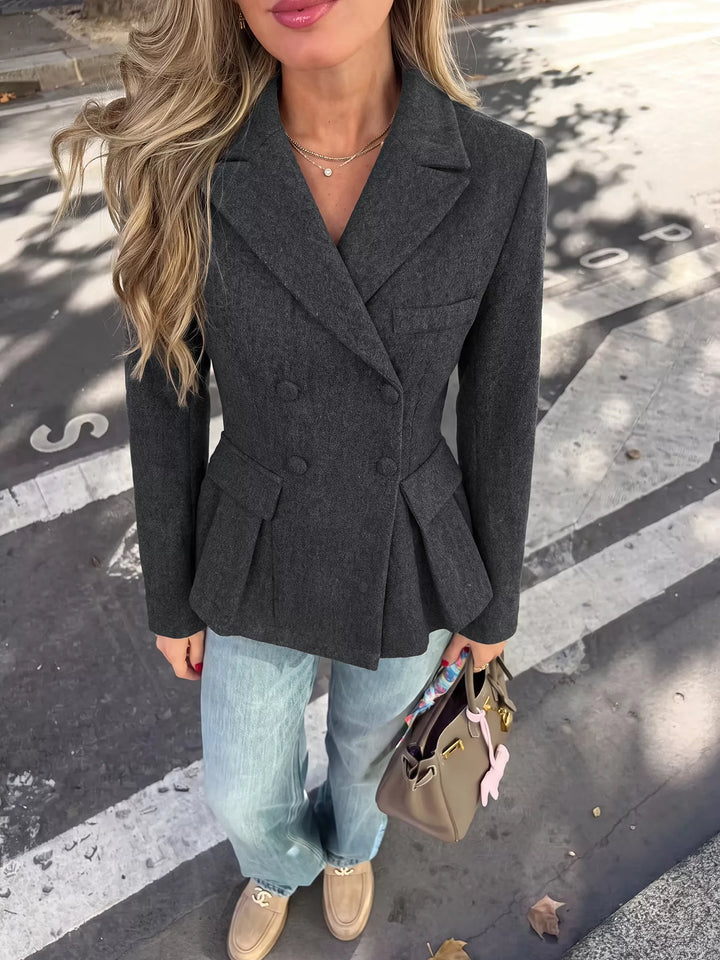 Double-breasted peplum blazer with notch lapel and flap pockets