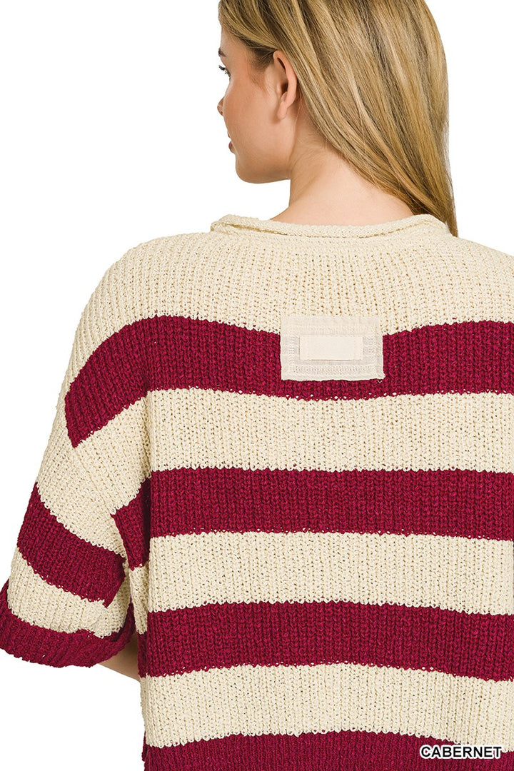 Striped ribbed knit split-neck pullover sweater
