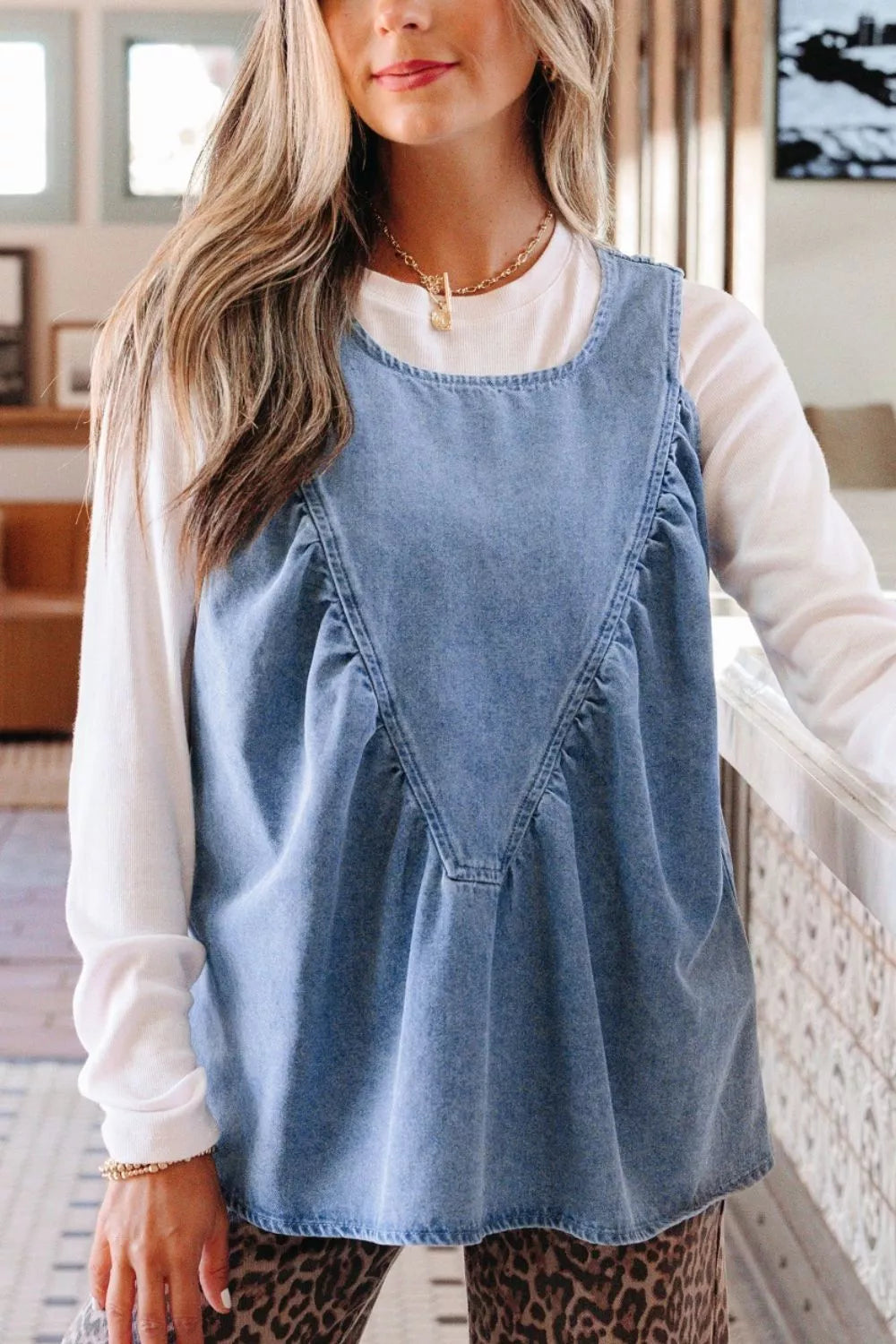 Pleated patchwork sleeveless denim swing top