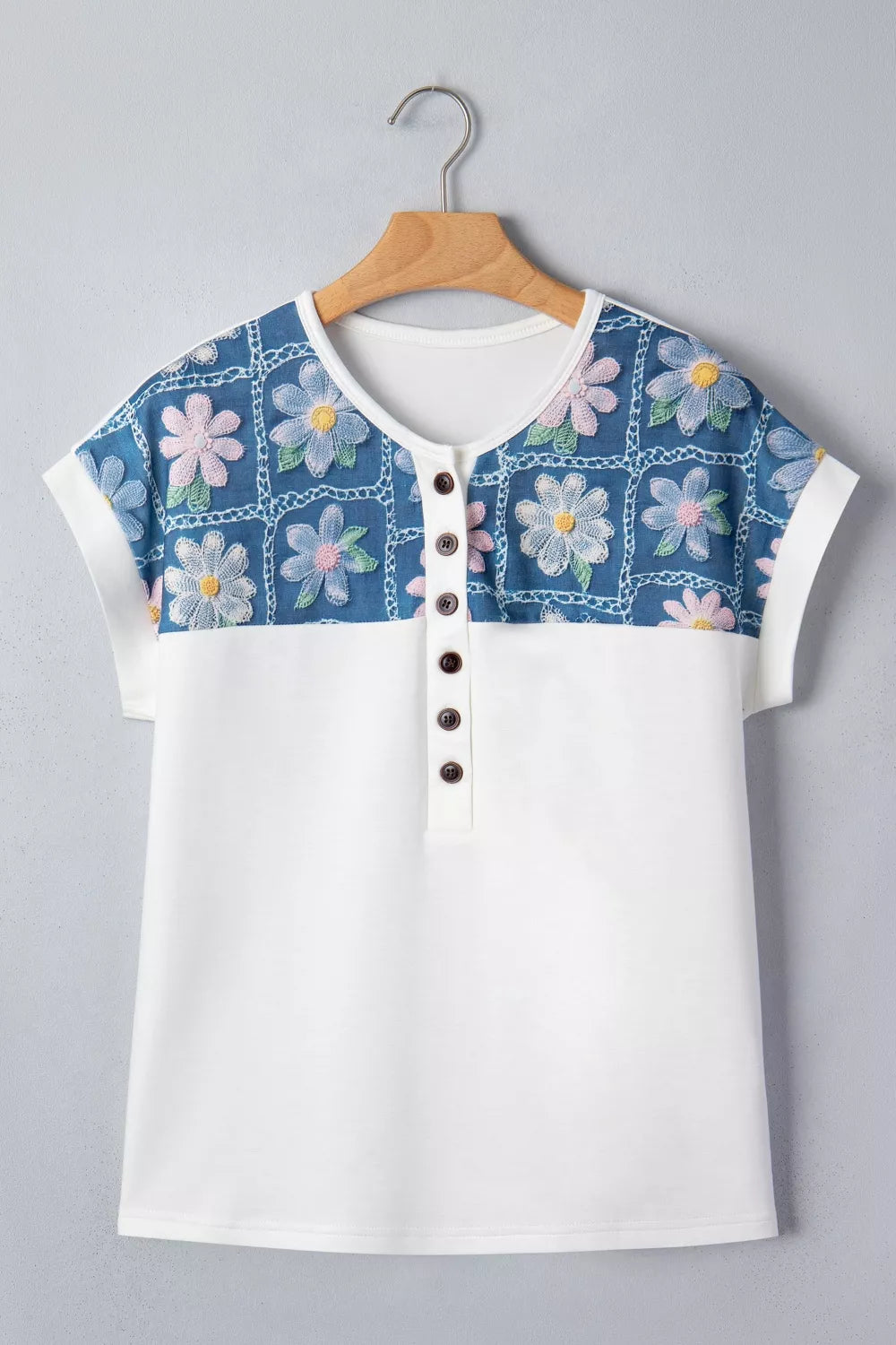 Embroidered floral denim yoke button henley top