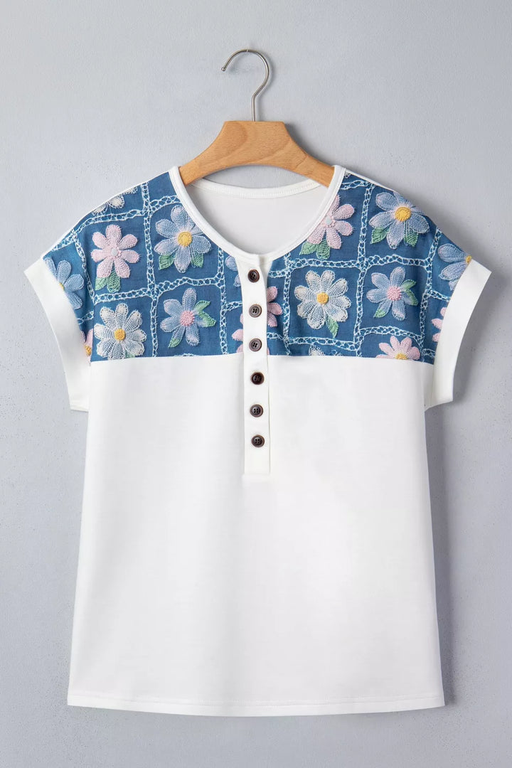 Embroidered floral denim yoke button henley top
