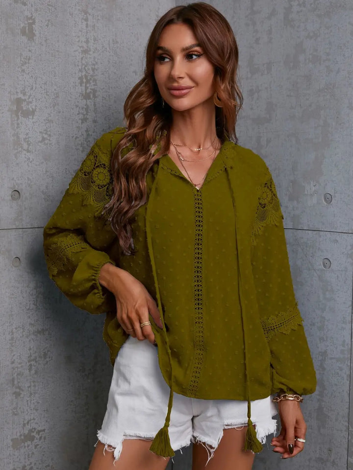 Moss Crochet trim swiss dot tie-neck long sleeve blouse
