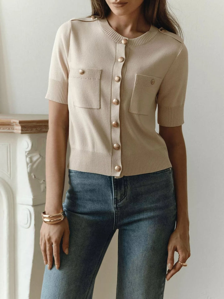 Beige Short sleeve knit button-down cardigan with gold buttons