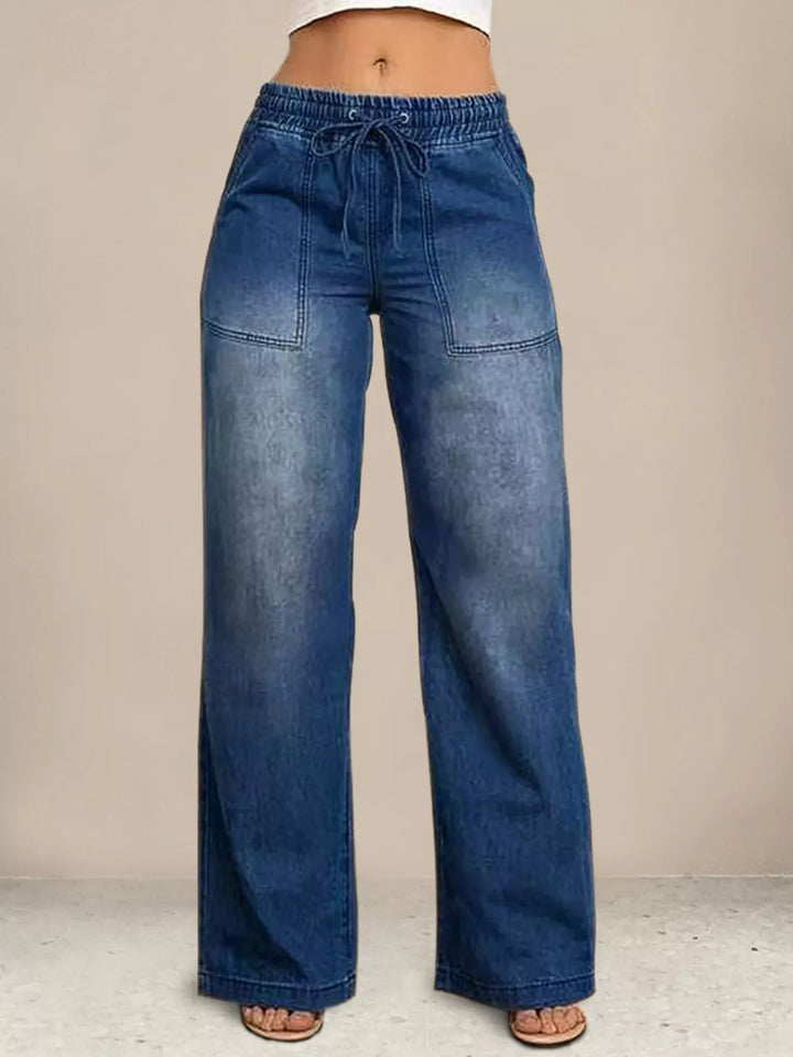 Dark Blue Drawstring elastic-waist wide-leg jeans with patch pockets