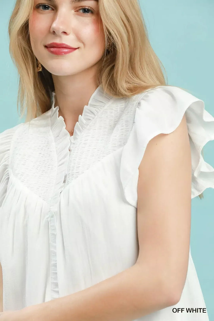 Smocked yoke button-front blouse with ruffle cap sleeves