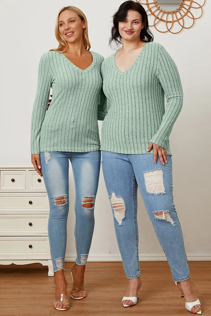 Ribbed v-neck long sleeve knit top