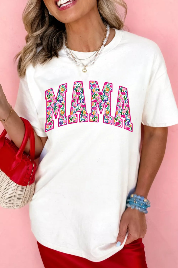 White Floral MAMA graphic short sleeve crew neck tee