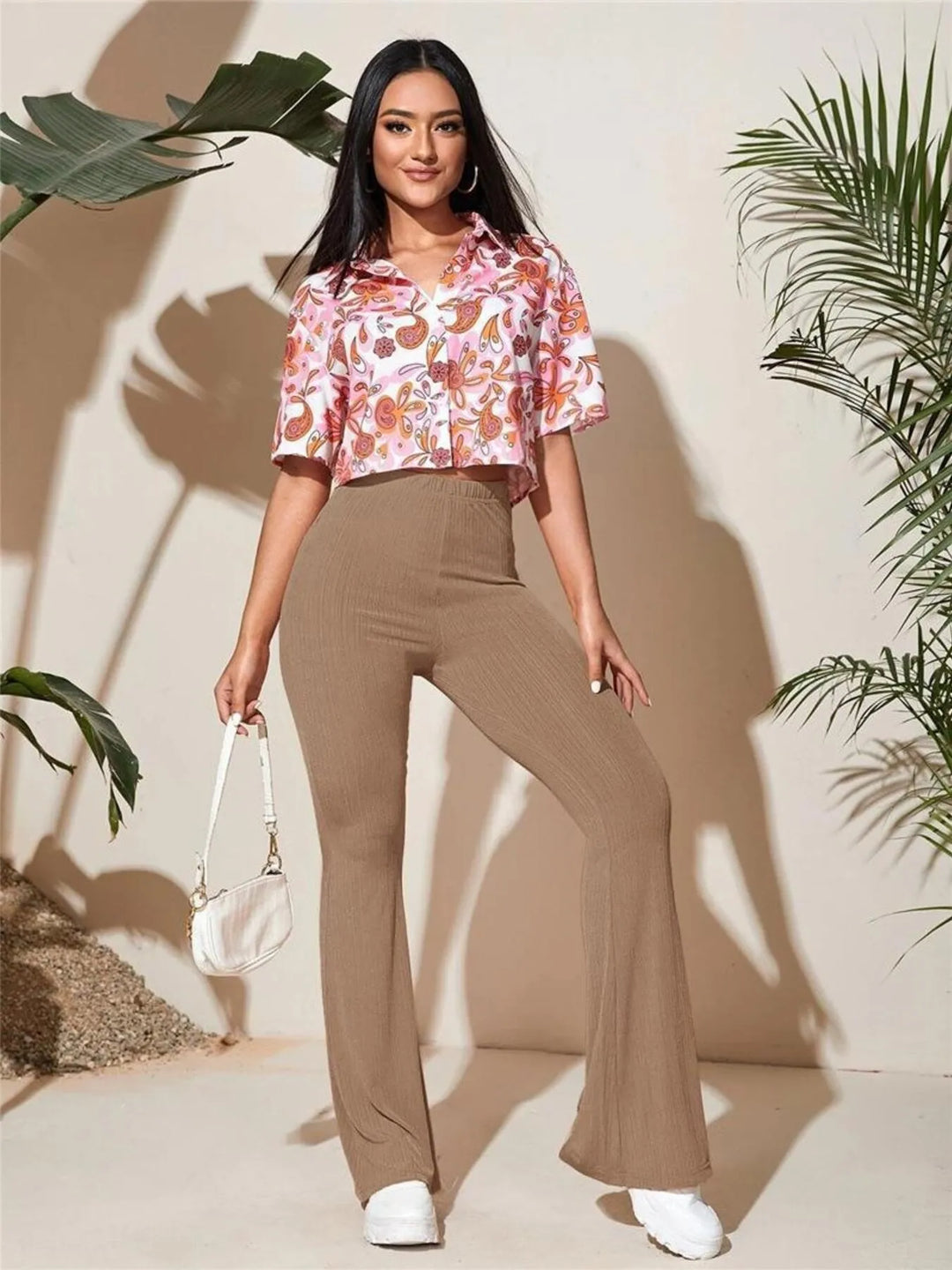 Ribbed knit high-waist flare pants with stretch